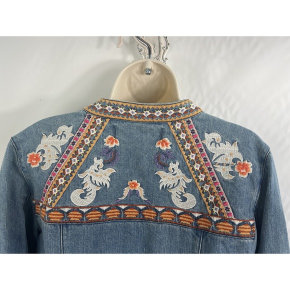 Chicos Denim Jacket Size 2P Embroidered Boho Bohemian Collarless Coastal - Picture 6 of 14